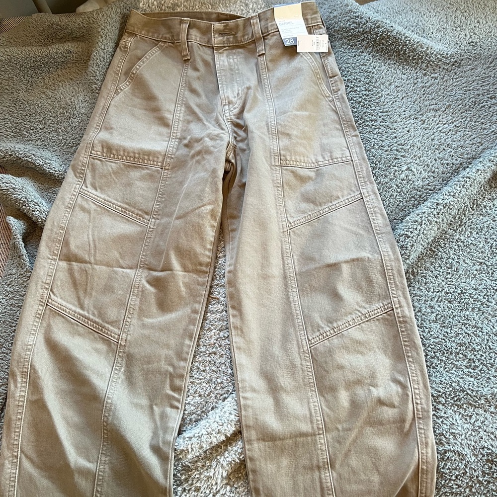 Tan high rise barrel leg jeans